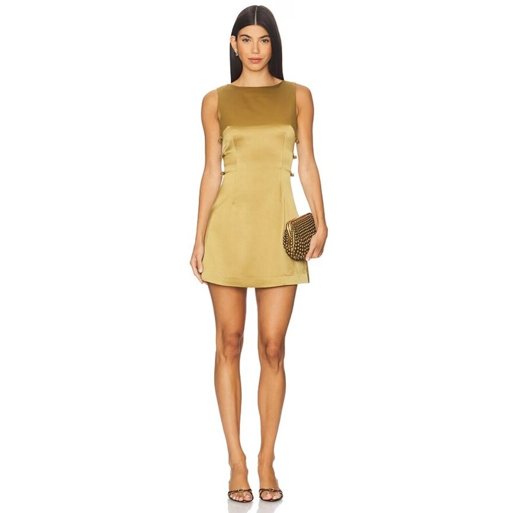 SAU LEE Teddi Satin Mini Dress in Golden Olive
